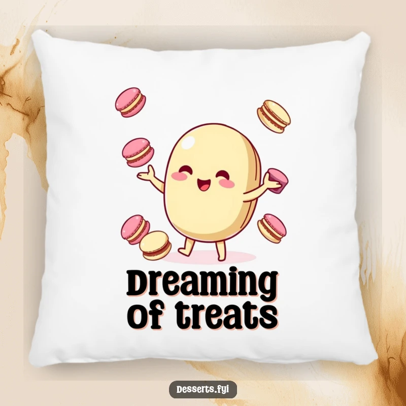 Funny Pillow: A playful macaroon character juggles colorful macarons, offering comfort and a dose of sweet, humorous delight.