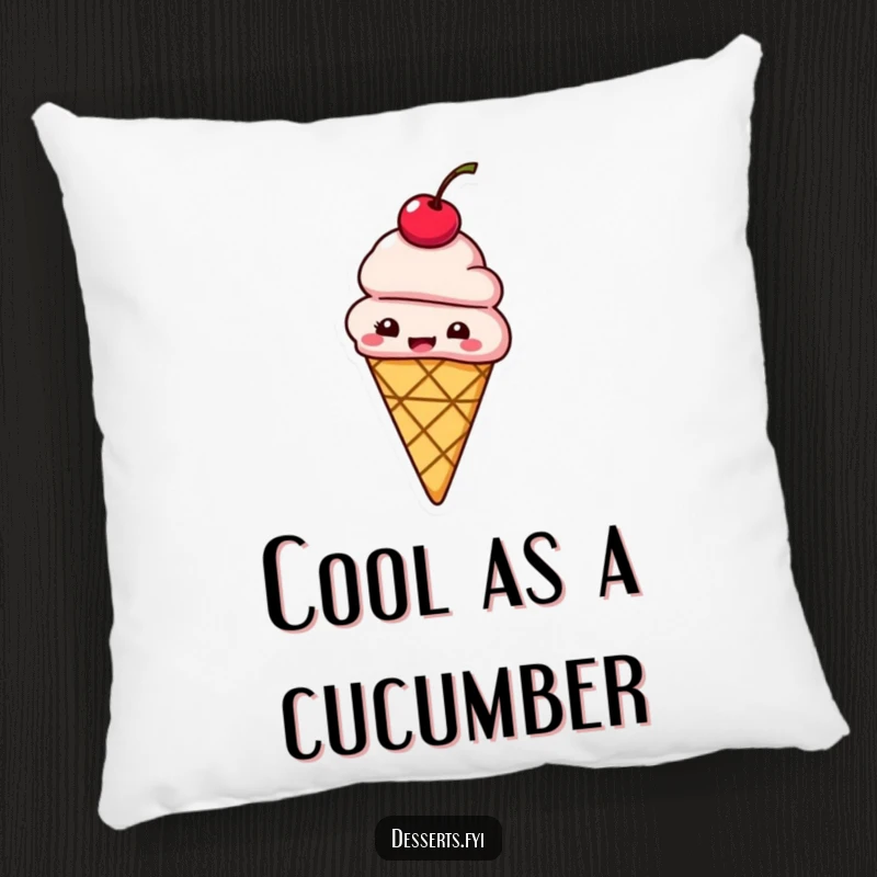 Funny pillow featuring a giggling ice cream cone with a cherry on top bouncing with delight.