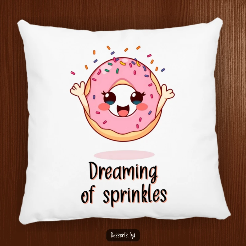 Funny donut pillow, a cute character happily tossing sprinkles, providing comfort and a dose of cheer as a funny gift.
