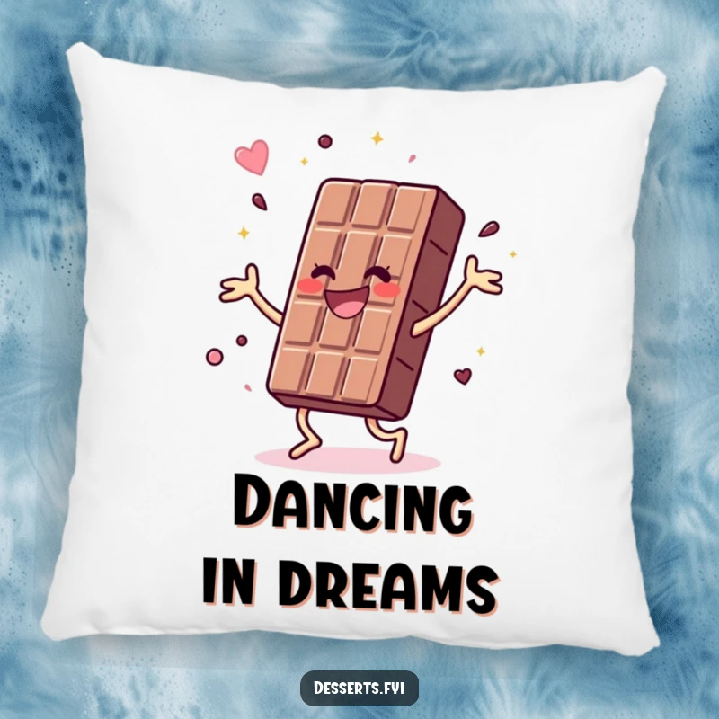 Funny pillow featuring a joyful chocolate bar doing a vibrant, energetic dance, offering cozy comfort and a burst of sweet, playful energy.