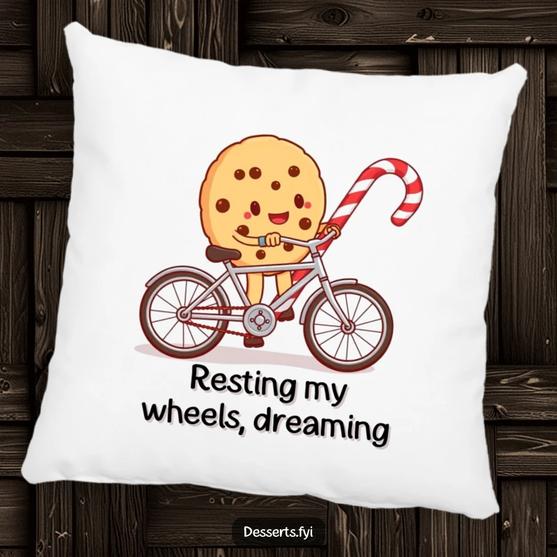 Funny pillow with a whimsical cookie character riding a small bicycle around a candy cane, designed for comfort and a touch of humor.