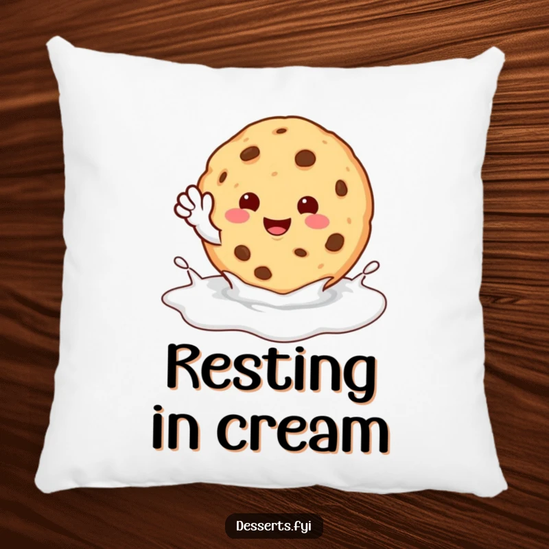Funny Pillow: A happy cookie character waves from a milk puddle, a soft and humorous decorative item.