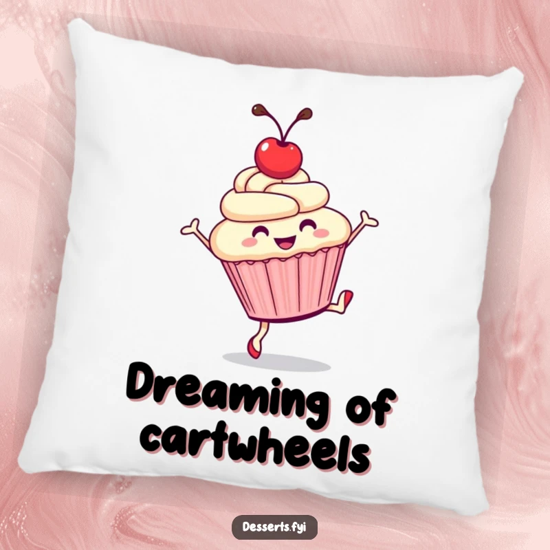 Funny pillow with a smiling cupcake doing a cartwheel, offering a humorous and comfortable decorative accent for any room.