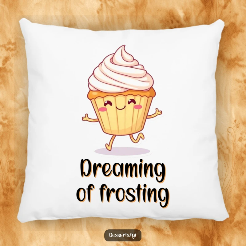 Funny cupcake pillow, a smiling dessert with tiny legs happily skipping with frosting on its head, offering cozy comfort and a humorous dessert theme.