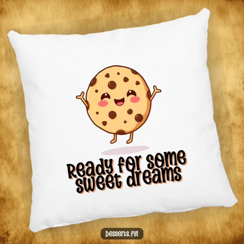 Funny cookie pillow featuring a happy chocolate chip cookie doing a merry dance, offering soft comfort and humorous charm.