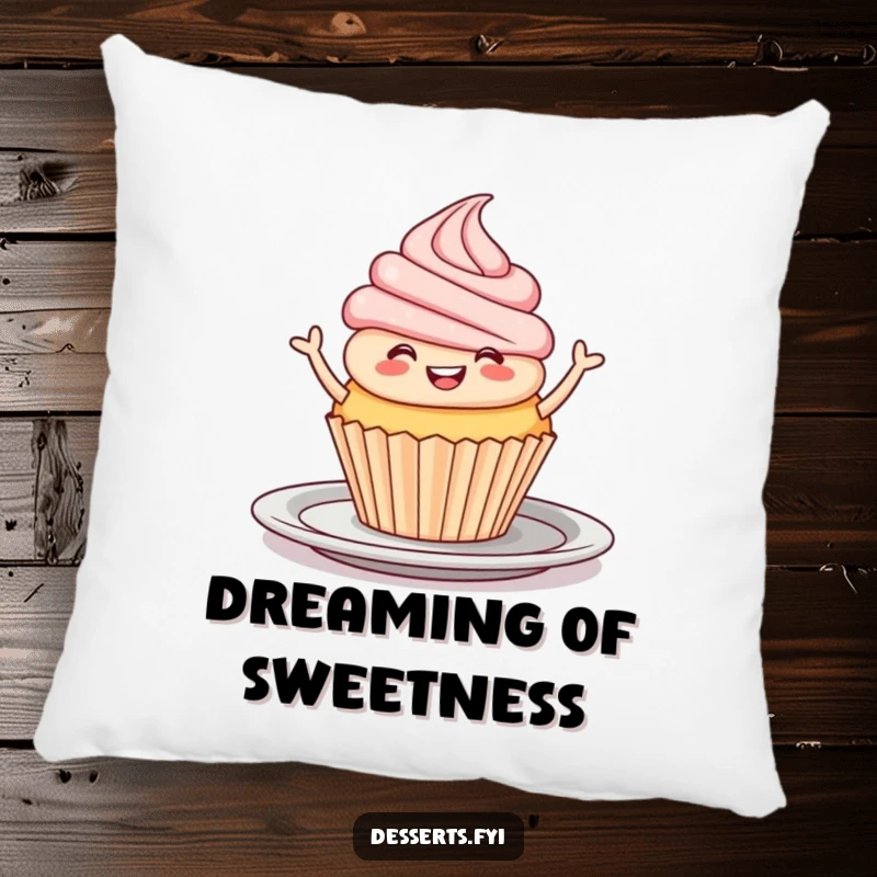 Funny Pillow: A smiling cupcake doing a happy jig on a plate, bringing comfort and sweetness.