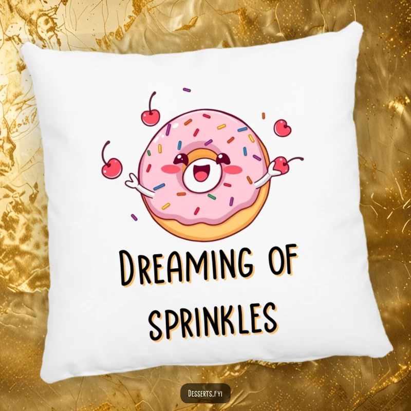 Funny donut character juggling sprinkles and cherries, bringing cheerful vibes to a soft pillow, perfect for lounging.