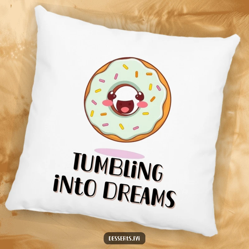 Funny pillow with a cheerful donut character doing a somersault, adding soft comfort and playful humor.