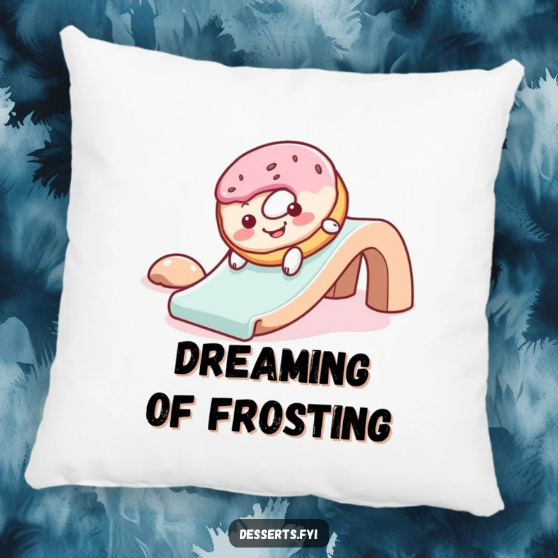 Funny pillow featuring a cheerful donut with frosting, gleefully sliding down a slide, providing a soft, humorous, and cozy accent.