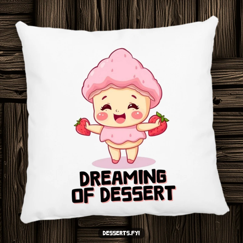 Funny pillow featuring a giggling strawberry shortcake doing a happy little spin, offering cozy comfort and sweet, humorous delight.