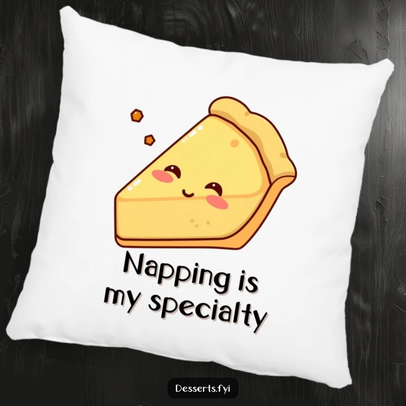 Funny pie pillow with a content slice of pie, complete with a crusty edge, sighing happily, offering comfort and a touch of sweetness.