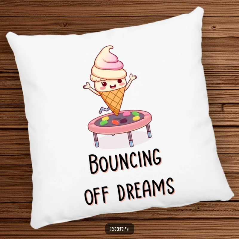 Funny playful ice cream cone character bouncing on a jelly bean trampoline on a soft pillow, bringing comfort and amusement.