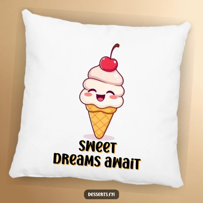 Funny ice cream cone pillow, a dessert with a cherry on top giggling and bouncing with delight, offering cozy comfort and a humorous dessert theme.