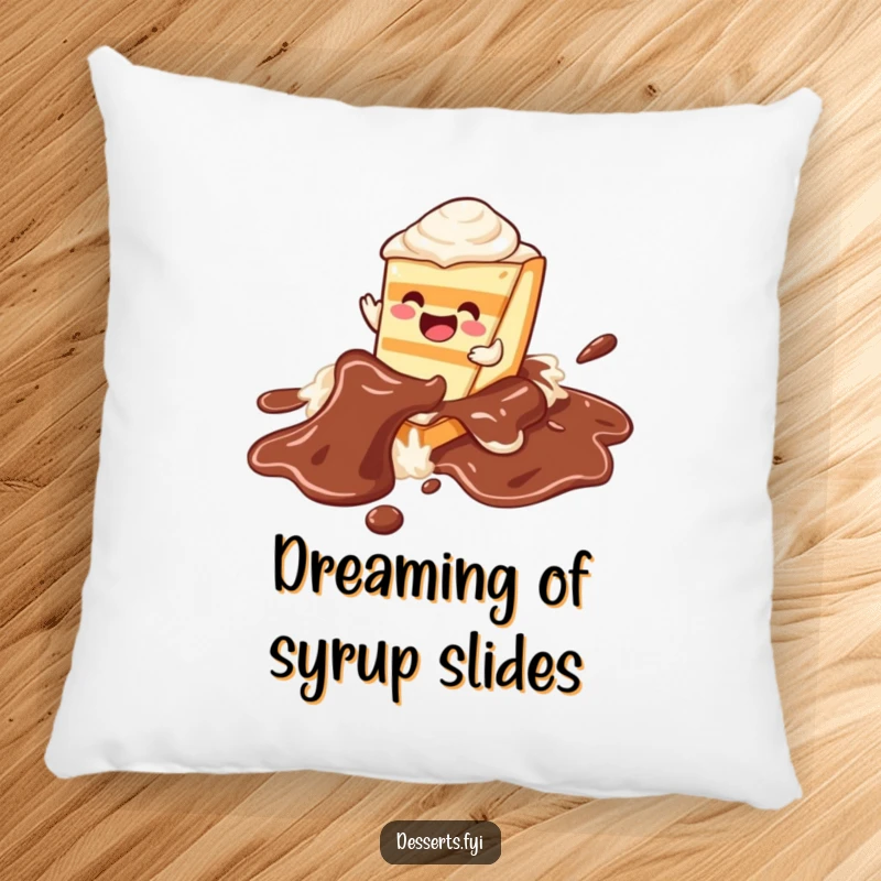 Funny cake pillow, a cute character sliding on a chocolate syrup river, offering comfort and a dose of sweet humor.