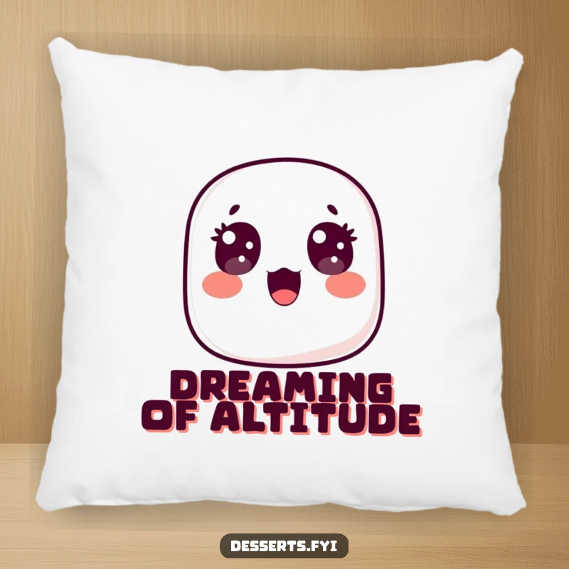 Funny pillow featuring a surprised marshmallow floating upwards with wide, happy eyes, offering comfort and a touch of whimsical, delightful surprise for any room.
