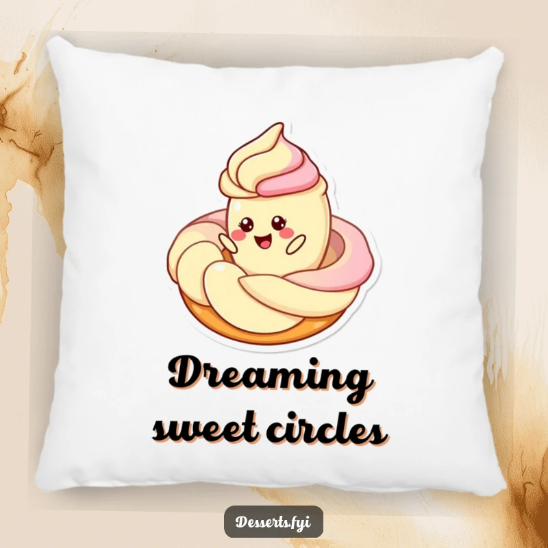 Funny pillow with a cheerful pastry character twirling around a swirl of frosting, designed for comfort and a touch of sweet, humorous fun.