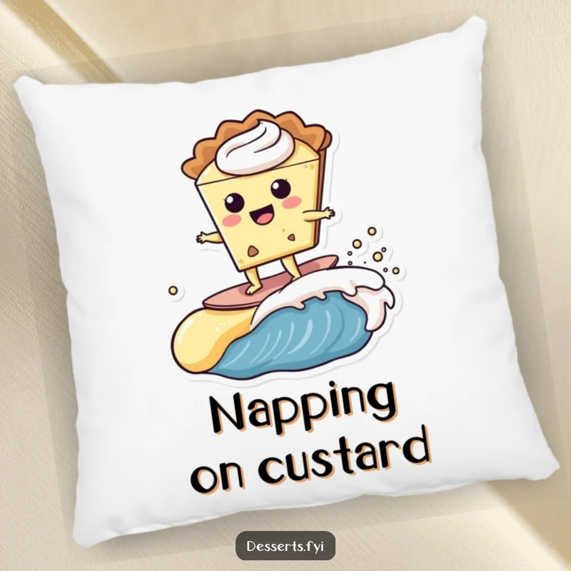 Funny happy slice of pie character surfing a creamy custard wave on a soft pillow, bringing comfort and amusement.