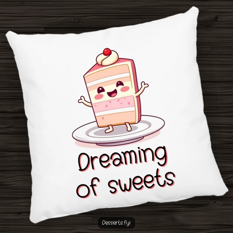 Funny pillow featuring a smiling slice of cake character doing a happy little dance on a plate, promising sweet comfort and cheerful vibes.