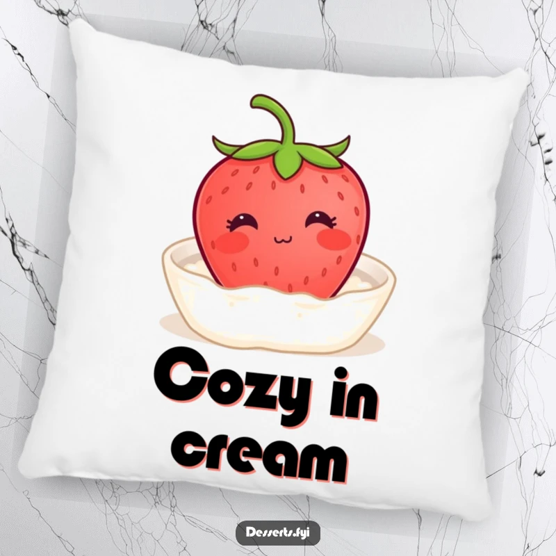 Funny pillow featuring a content strawberry with a tiny smile enjoying a bath of cream, offering cozy comfort and a symbol of sweet, serene relaxation.