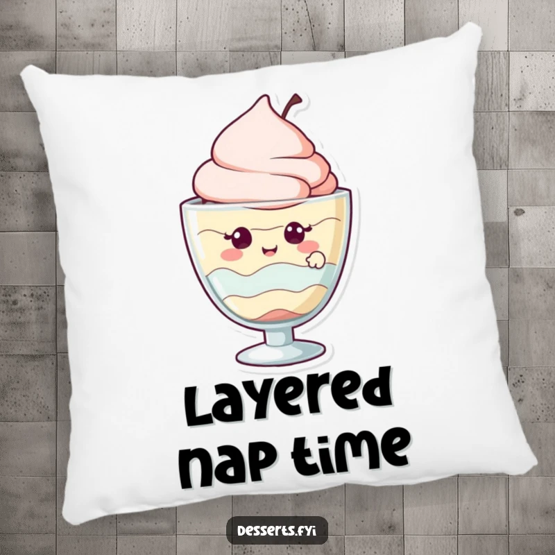 Funny pillow with a giggling parfait character peeking out from its glass, offering sweet comfort and cheer.