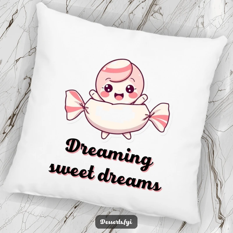 Funny pillow with a playful candy character bouncing excitedly within its wrapper, offering sweet comfort and fun.