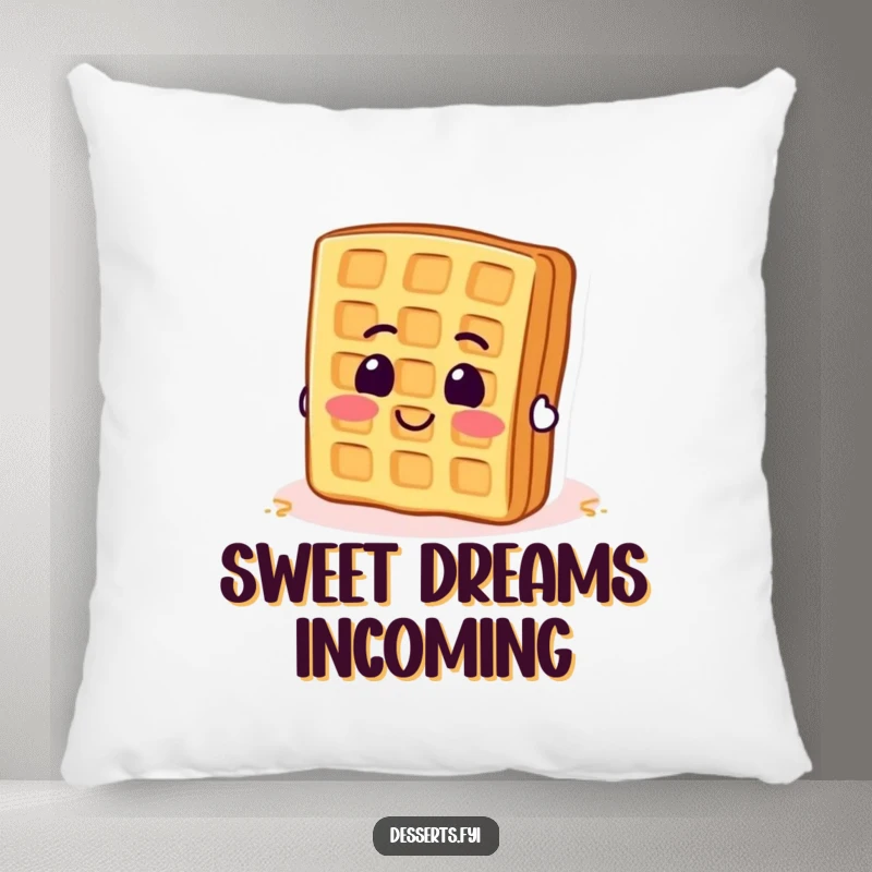 Funny pillow with a smiling waffle enthusiastically trying to flip itself. Cozy and humorous comfort.