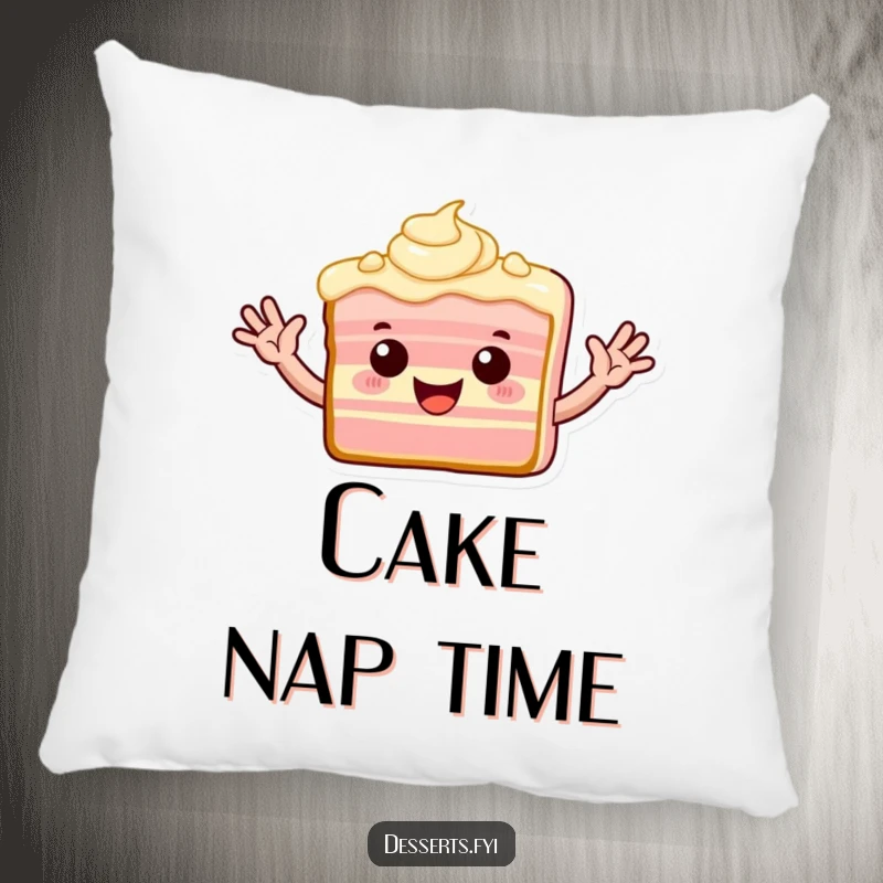 Funny pillow featuring a playful slice of cake with frosting arms waving enthusiastically, adding cheerful decor.