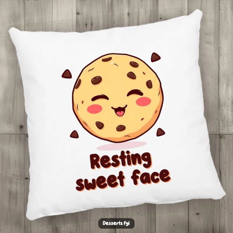 Funny winking chocolate chip cookie on a soft decorative pillow, adding playful comfort and humor to any space, ideal funny gift.