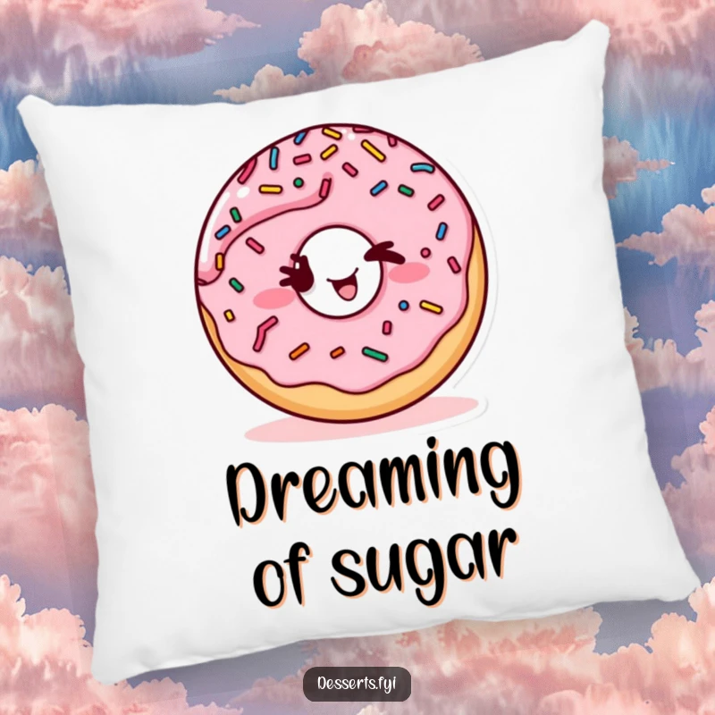 Funny throw pillow featuring a charming donut with sprinkles winking playfully, perfect for adding comfort and humor to home decor.