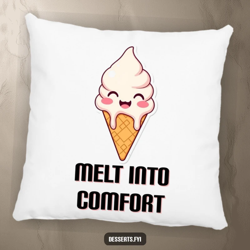 Funny pillow featuring a soft ice cream cone character melting with happiness, offering comfort and a sweet, joyful decorative touch.