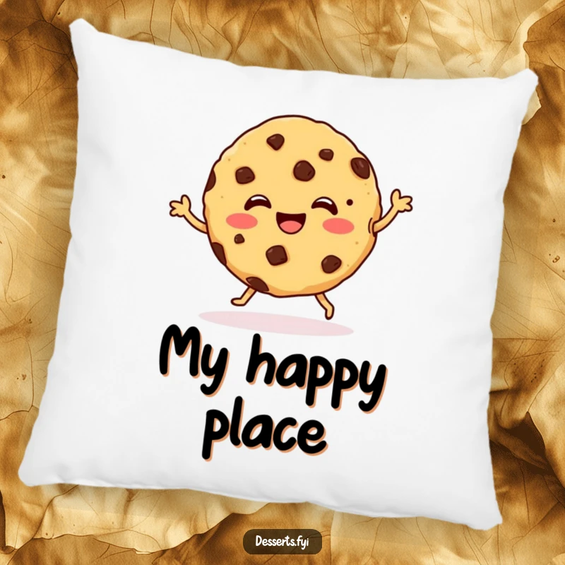 Funny Pillow featuring a cute cookie with chocolate chips dancing happily, offering a soft and humorous touch to any room.