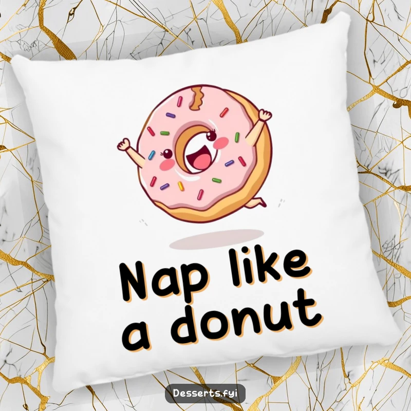 Funny pillow featuring a cheerful donut with sprinkles doing a joyful cartwheel, adding playful decor.