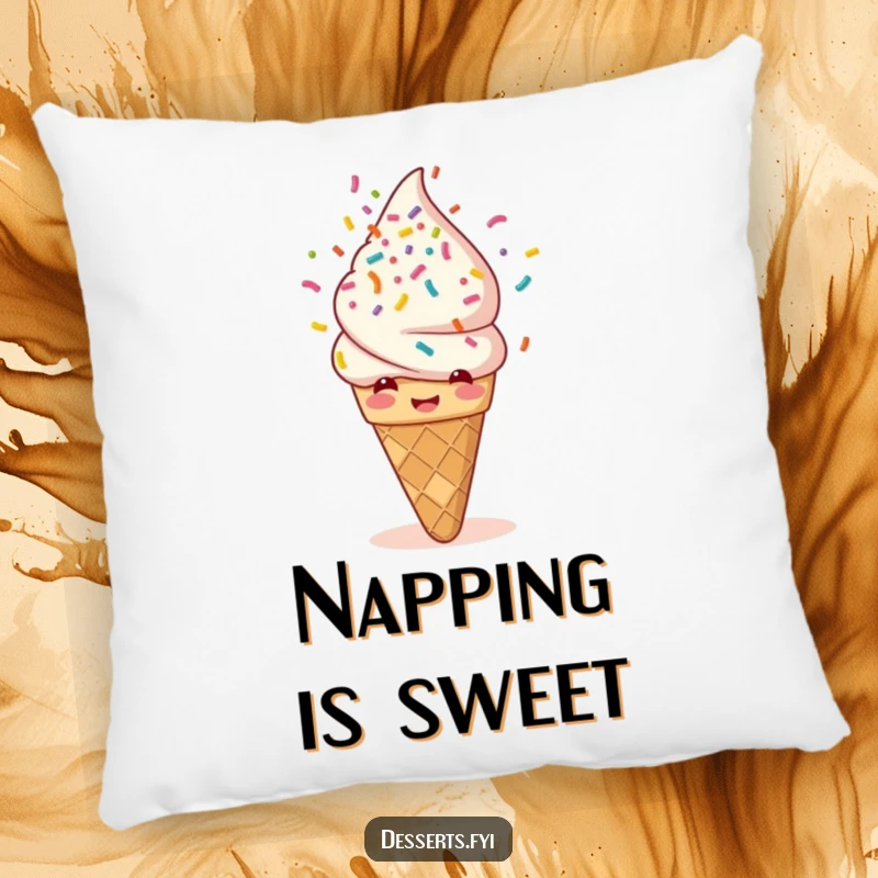 Funny pillow showcasing a giggling ice cream cone joyfully showering itself with rainbow sprinkles. A sweet and humorous addition to sofas or beds.