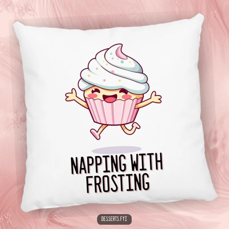 Funny cupcake pillow, a cute character leaping with sparkly frosting, offering comfort and a dose of sweet cheer.