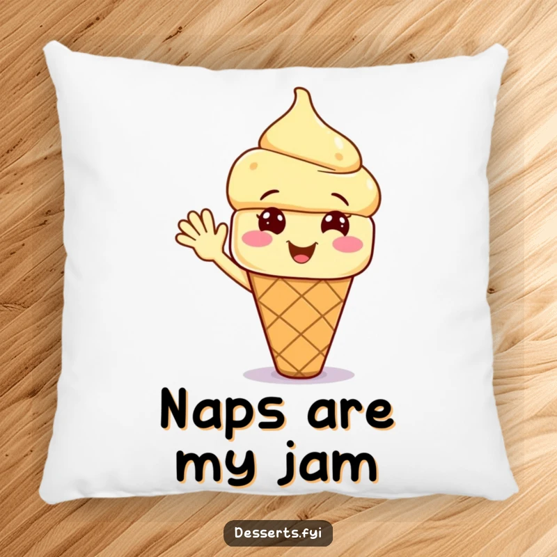 Funny throw pillow featuring a smiling ice cream cone character waving, perfect for adding comfort and a cheerful, humorous accent to decor.