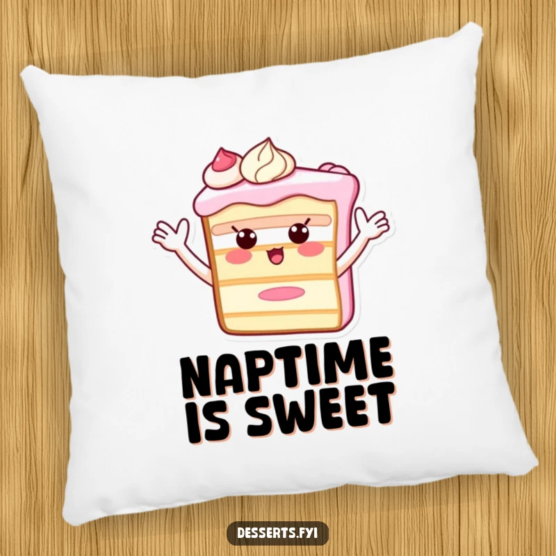 Funny Pillow featuring a cute cake slice with soft frosting arms extended in a welcoming wave, bringing cozy humor to any living space.