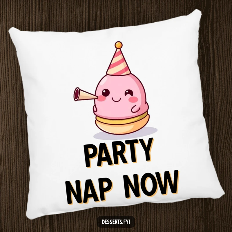 Funny Pillow: A happy macaron adorned with a party hat and blowing a horn, perfect for cozy celebrations.