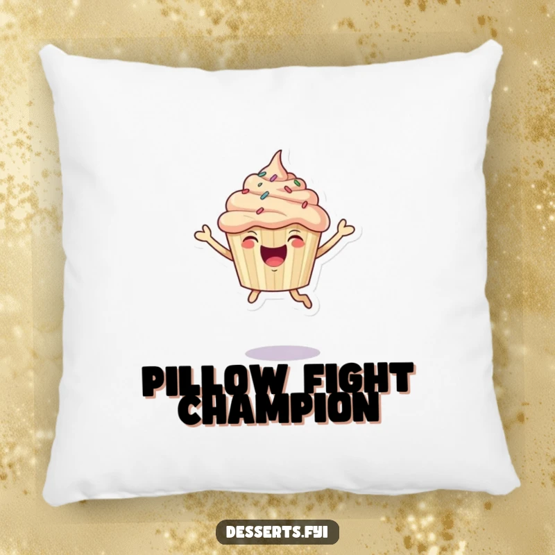 Funny Pillow: A joyful cupcake with sprinkles leaping with enthusiasm.