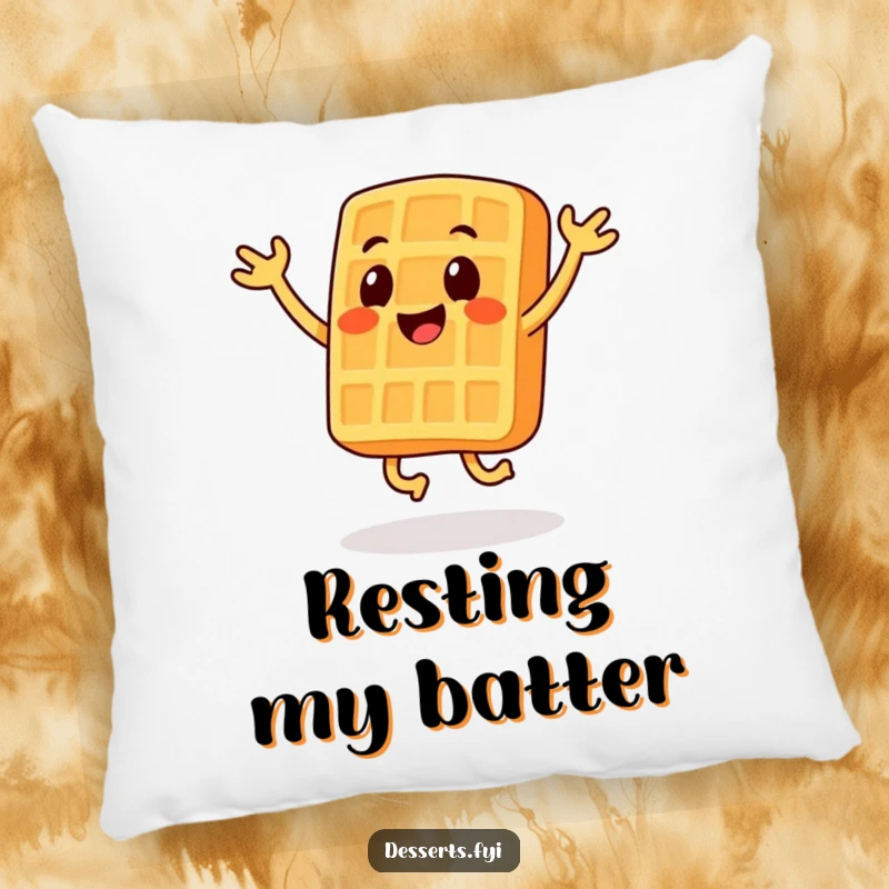 Funny pillow with a smiling waffle character doing energetic jumping jacks, adding comfort and playful energy to any seating.