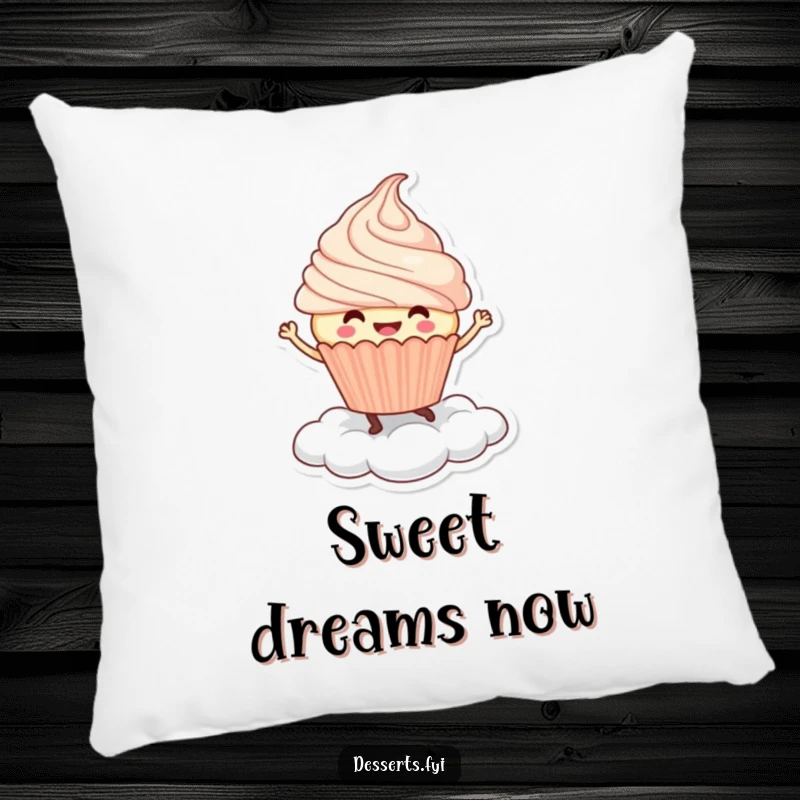 Funny Pillow: A smiling cupcake character dances joyfully on a whipped cream cloud, a soft and humorous decorative item.