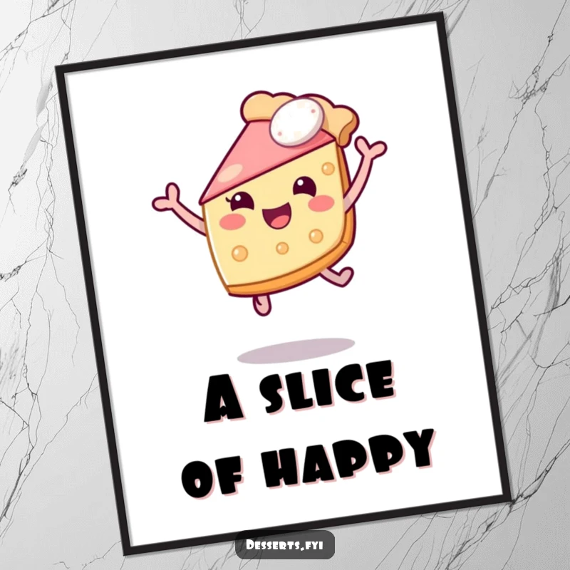 Funny digital art print of an ecstatic slice of pie mid-air, captured in a moment of pure, unadulterated joy. Instant downloadable humor for any space.