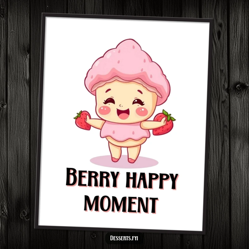 Funny digital art print of a giggling strawberry shortcake doing a happy little spin, offering instant sweet joy and playful decor.