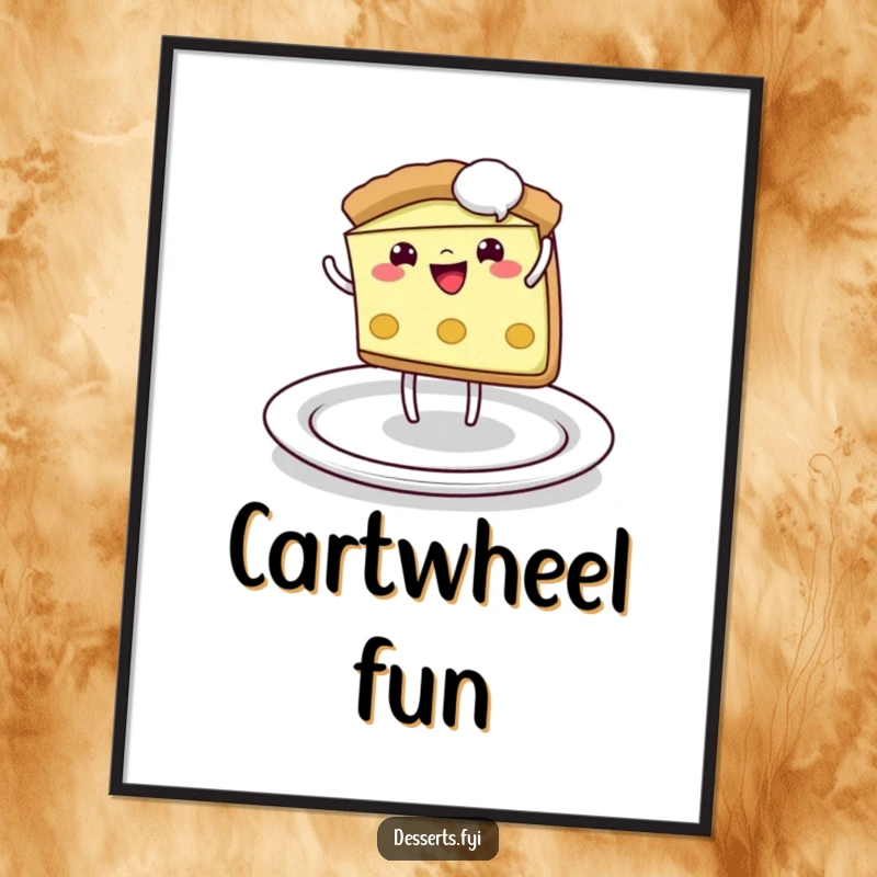 Funny Digital Art: A playful pie slice cheerfully does a cartwheel across a plate, an energetic and humorous artwork for instant download.