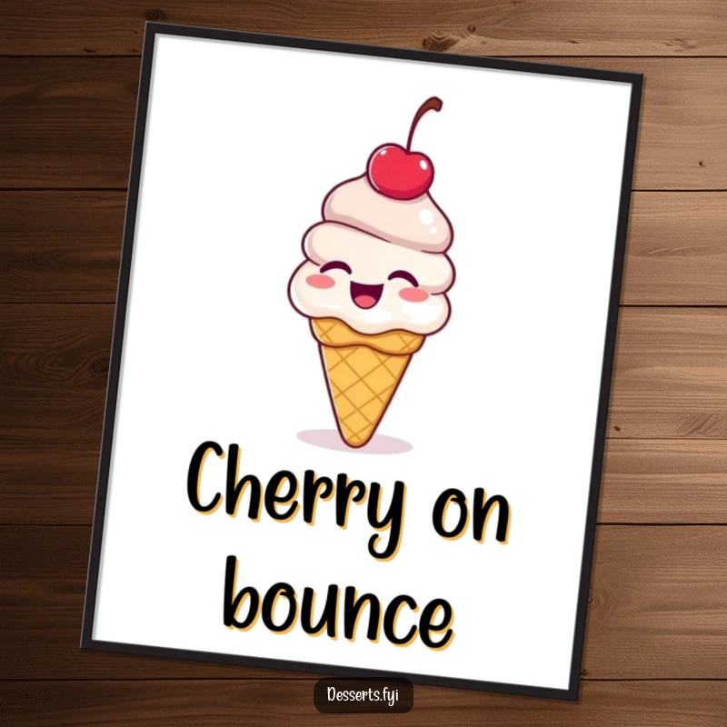 Funny ice cream cone digital art print, a dessert with a cherry on top giggling and bouncing with delight, offering instant humorous sweet wall art.