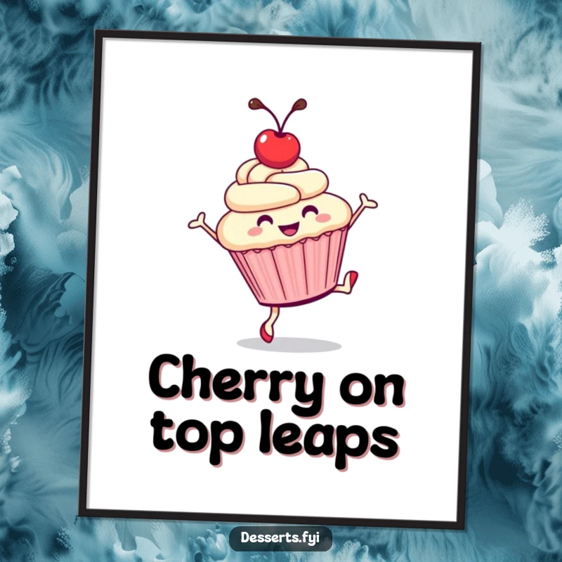 Funny digital art print: a smiling cupcake with a cherry on top does a cartwheel, a whimsical and sweet piece.