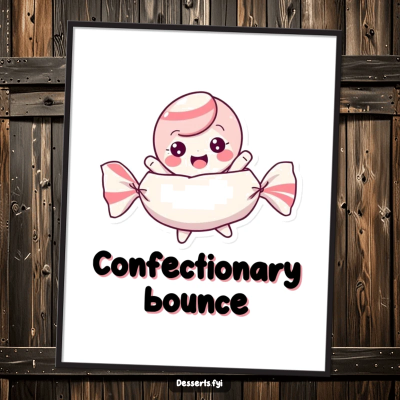 Funny digital art print of a playful candy character bouncing excitedly inside its wrapper, radiating sweet fun.