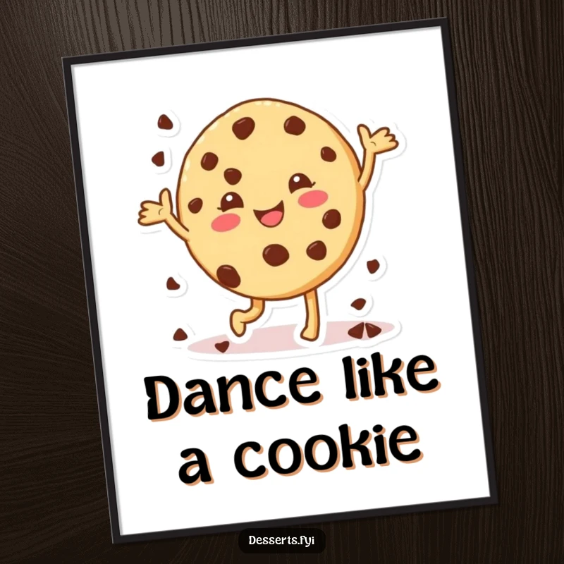 Funny cookie digital art print, a happy character dancing with chocolate chips, perfect for instant wall decor and sweet humor.