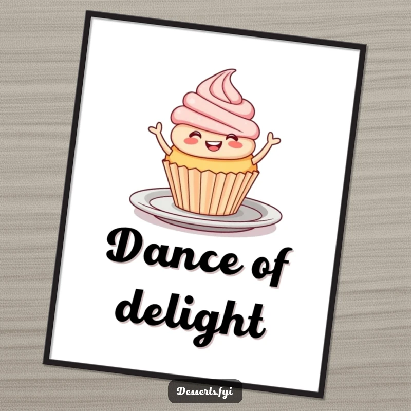 Funny Digital Art Print: A smiling cupcake joyfully doing a jig on a plate, embodying sweet celebration.