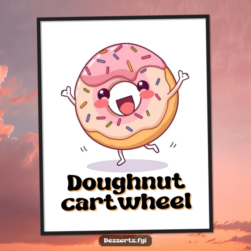Funny donut digital art print, a cheerful dessert with sprinkles doing a joyful cartwheel with glee, offering instant humorous sweet wall art.
