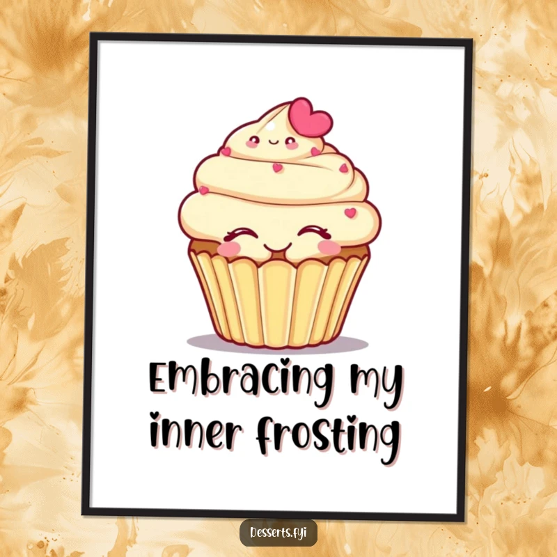 Funny digital art print of a smiling cupcake character embracing itself, exuding sweetness and happiness humorously.